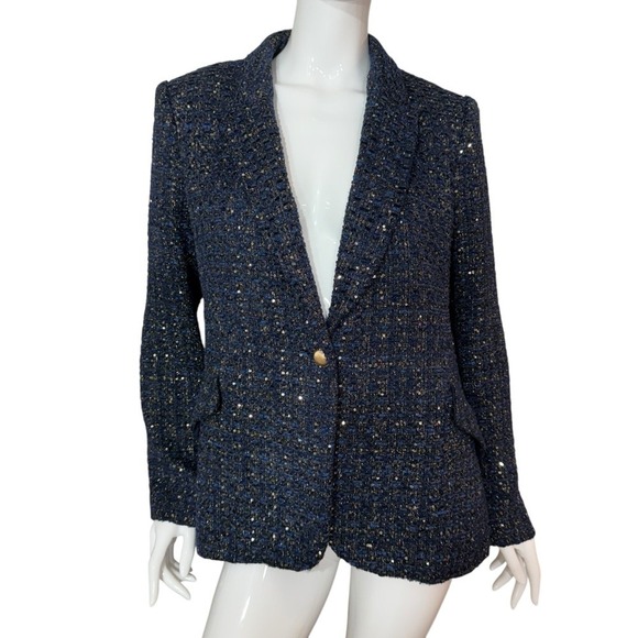L'AGENCE Chamberlain Tweed Blazer in Dark Sequin Blue Size 12 - Picture 6 of 12